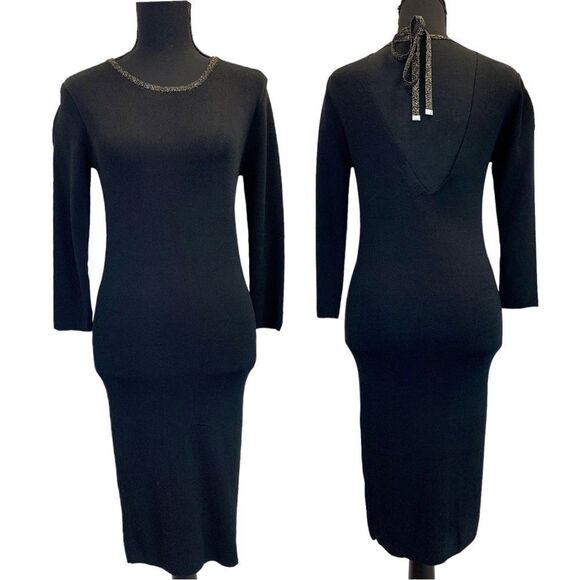 Dynamite black knit long sleeve metallic neckline bodycon dress Sz M - Picture 1 of 11